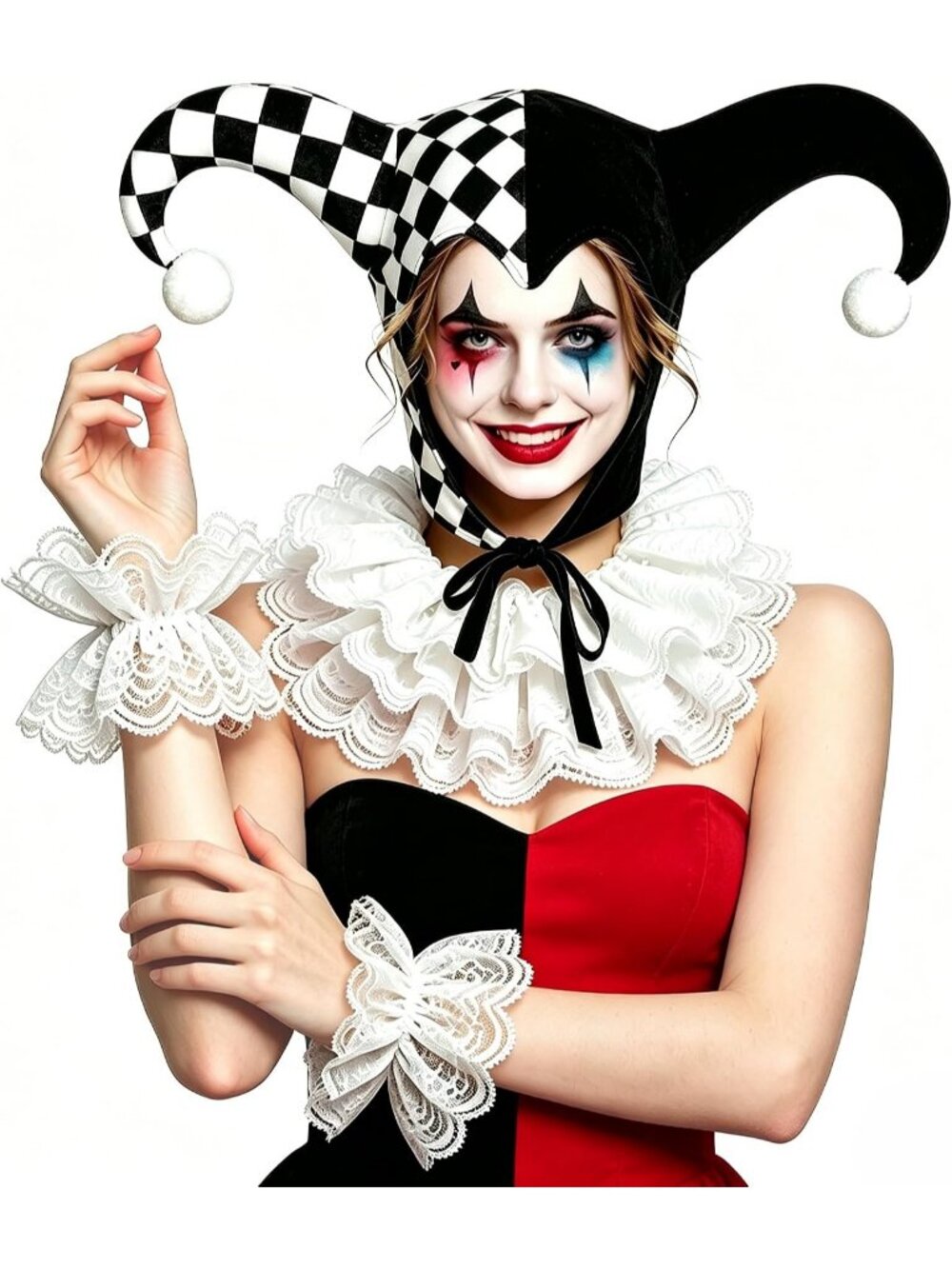 4PCS Clown Costume Accessories Set Jester Hat Lace Ruffle Collar Wrist Cuffs